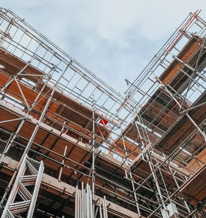 A construction site with scaffolding erected.